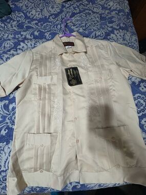 Men's Cream Guayabera Shirt with Embroidered Front